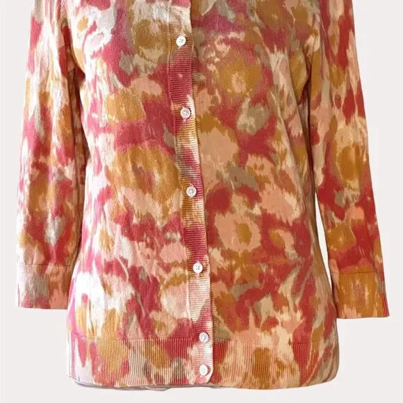 Talbots Cardigan Sweater Abstract Print Crewneck Button Front Orange S bv - Picture 3 of 6